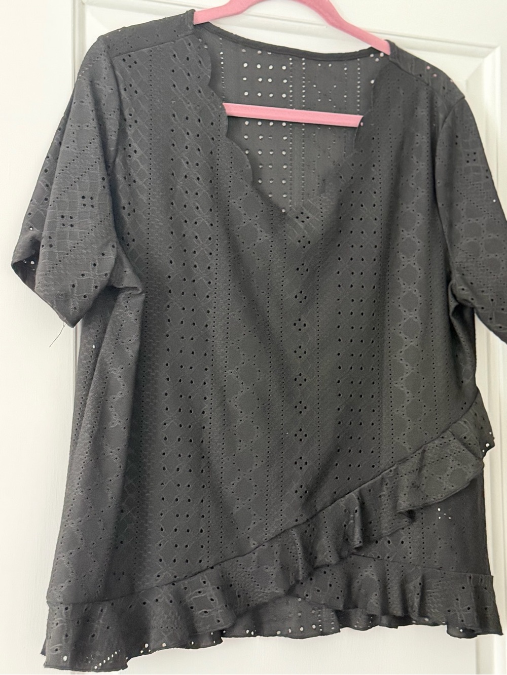 2/$13 Black Eyelet Ruffle V-Neck Top